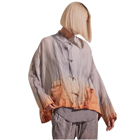 Gilda Midani Womens S Linen Orient Shirt Knot Buttons Pockets Dip Dye Lagenlook - Picture 1 of 11